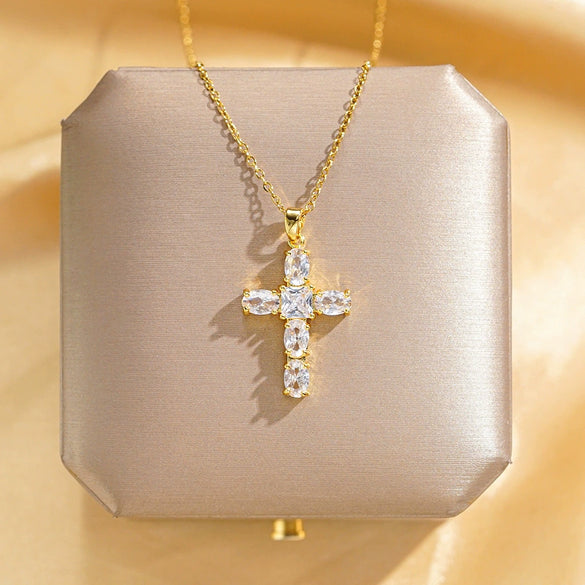Wholesale Women's Titanium Steel And Copper Geometric Cross Pendant Necklace With Real Gold Electroplating And Inlaid Zircon And Diamonds