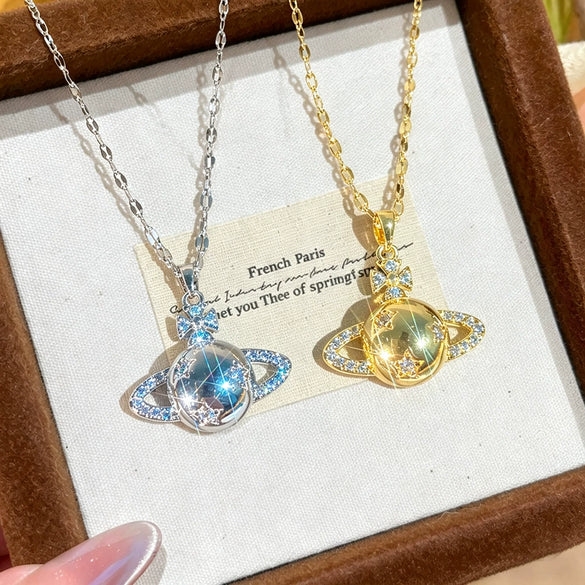 Wholesale Women's Titanium Steel And Copper Inlaid With Zircon Star Shape Light Luxury Minimalist Necklace With Water Wave Chain