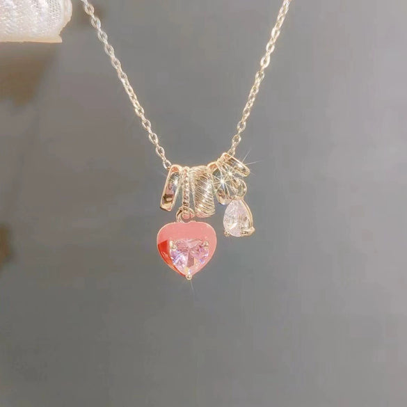 Wholesale Women's Titanium Steel And Copper Water Drop Cherry Pendant Clavicle Chain Jewelry With Flower And Geometric Pattern And Electroplating Process Sweet Style