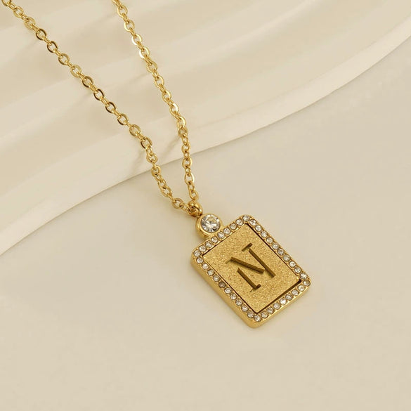 Wholesale Women's 316L Stainless Steel And 18K Gold Plated Diamond Letter Pendant Necklace With Cross Chain