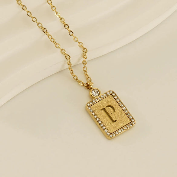 Wholesale Women's 316L Stainless Steel And 18K Gold Plated Diamond Letter Pendant Necklace With Cross Chain