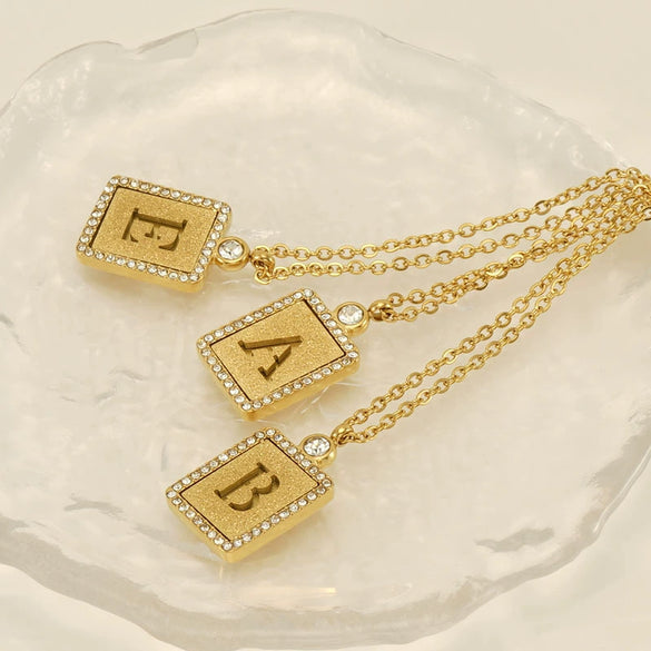 Wholesale Women's 316L Stainless Steel And 18K Gold Plated Diamond Letter Pendant Necklace With Cross Chain