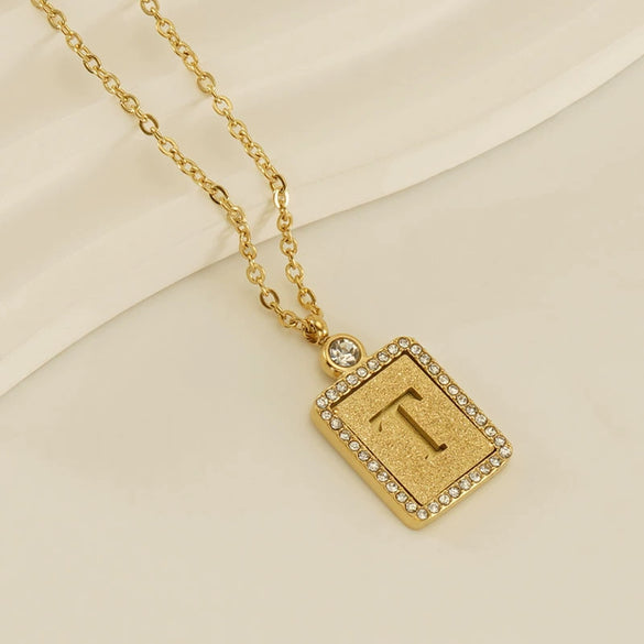 Wholesale Women's 316L Stainless Steel And 18K Gold Plated Diamond Letter Pendant Necklace With Cross Chain