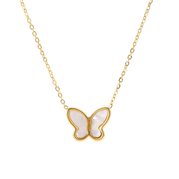 Wholesale Women's Titanium Steel And Motherofpearl French Retro Butterfly Pendant Necklace With Geometric Pattern And Electroplating