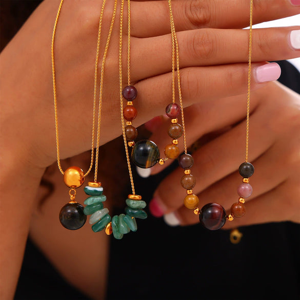 Wholesale Women's Titanium Steel And Natural Stone Tiger Eye Maillard Style Geometric Handbeaded Electroplated Necklace Jewelry