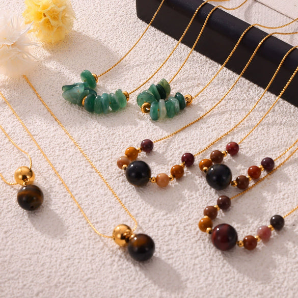 Wholesale Women's Titanium Steel And Natural Stone Tiger Eye Maillard Style Geometric Handbeaded Electroplated Necklace Jewelry
