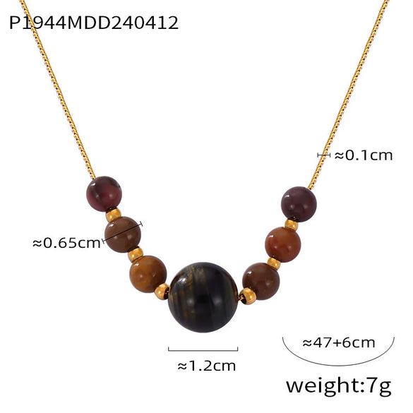 Wholesale Women's Titanium Steel And Natural Stone Tiger Eye Maillard Style Geometric Handbeaded Electroplated Necklace Jewelry
