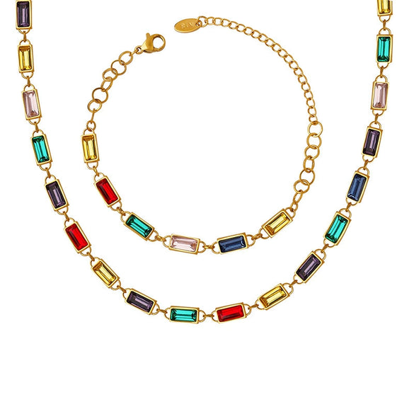 Wholesale Women's 316L Stainless Steel And Rhinestone Clavicle Necklace And Bracelet Set With Electroplating Design
