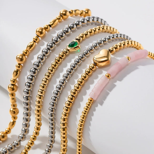 Wholesale Women's Titanium Steel And Stainless Steel Bracelet With 16K Gold Beads Green Love Zircon Geometric Pattern Electroplated