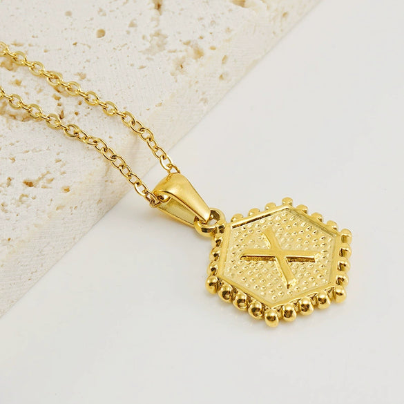 Wholesale Women's Titanium Steel And Stainless Steel Geometric Letter Pendant Necklace With Cross Chain And Electroplating Treatment