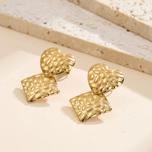 Wholesale Women's Titanium Steel And Stainless Steel Geometric Square Heartshaped Hammered Texture Earrings With Vacuum Real Gold Plating