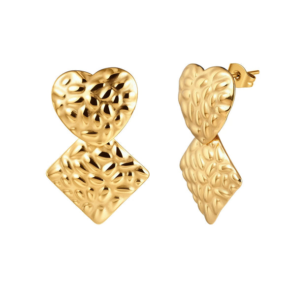 Wholesale Women's Titanium Steel And Stainless Steel Geometric Square Heartshaped Hammered Texture Earrings With Vacuum Real Gold Plating