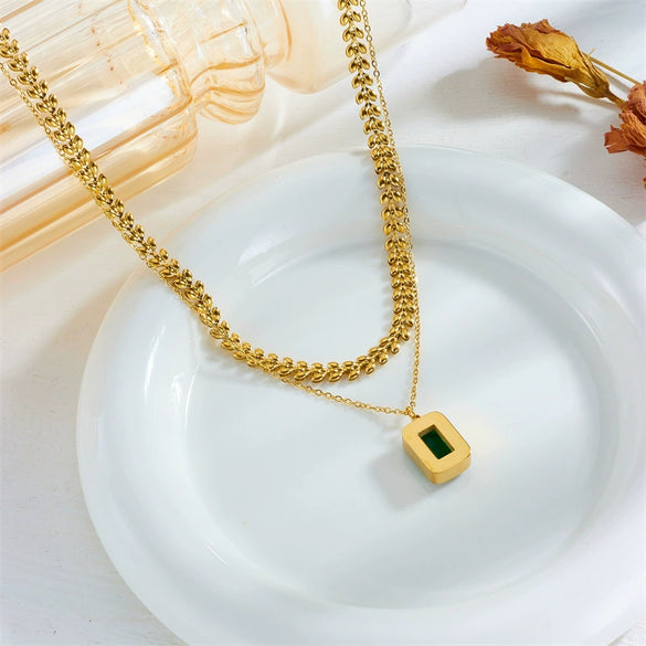Wholesale Women's Titanium Steel And Stainless Steel Square Emerald Gemstone Pendant Multilayer Clavicle Chain Necklace With Electroplating