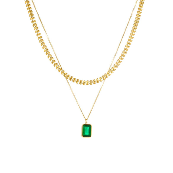 Wholesale Women's Titanium Steel And Stainless Steel Square Emerald Gemstone Pendant Multilayer Clavicle Chain Necklace With Electroplating