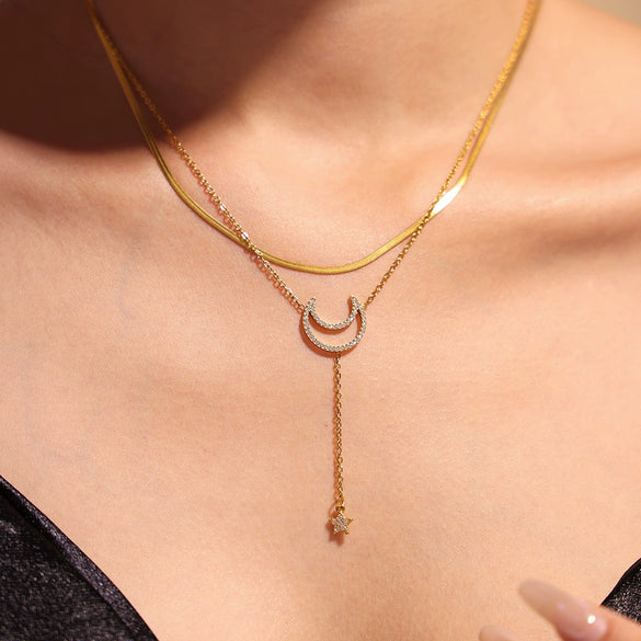 Wholesale Women's Titanium Steel And Zircon Jewelry With Geometric Pattern Tassel Double Clavicle Necklace And Temperament Bracelet Electroplated