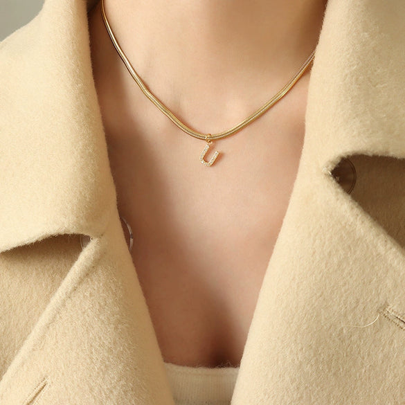 Wholesale Women's Titanium Steel Blade Chain Pendant Necklace With Mixed Gemstone Setting Letter Pendant Electroplated