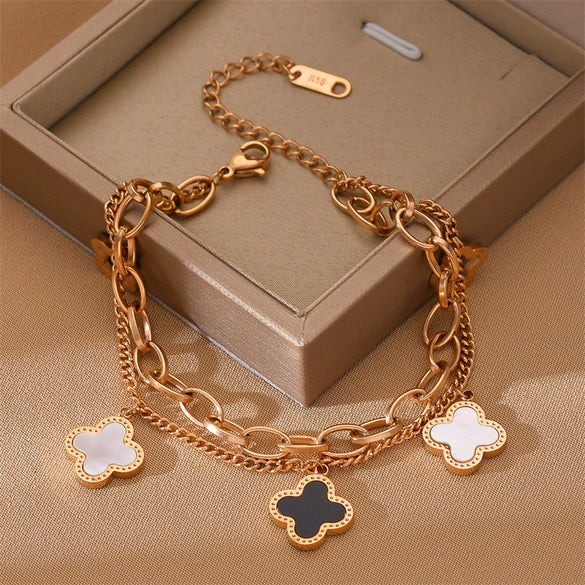 Wholesale Women's Titanium Steel Bracelet With Fourleaf Clover Design Doublelayer Chain Electroplated Classy Niche Nonfading Hand Jewelry