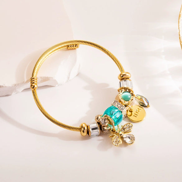 Wholesale Women's Titanium Steel Bracelet With Rhinestone Love Bee Pendant And Heart Animal Zodiac Patterns