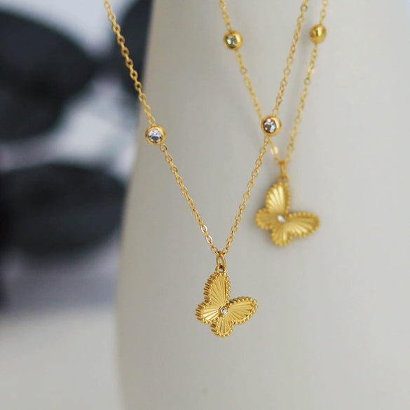 Wholesale Women's Titanium Steel Butterfly Diamond Necklace With Small Gold Beads And Ochain
