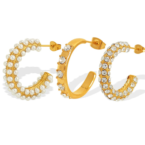 Wholesale Women's 316L Stainless Steel C Shaped Simple Retro Electroplated Imitation Pearl All Match Earrings