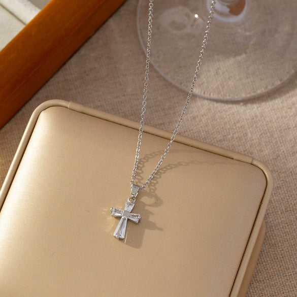 Wholesale Women's Titanium Steel Cross O Word Chain Necklace Copper Microinlay Real Gold Electroplated Geometric Style