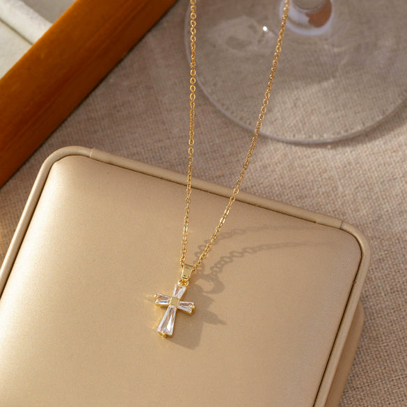 Wholesale Women's Titanium Steel Cross O Word Chain Necklace Copper Microinlay Real Gold Electroplated Geometric Style