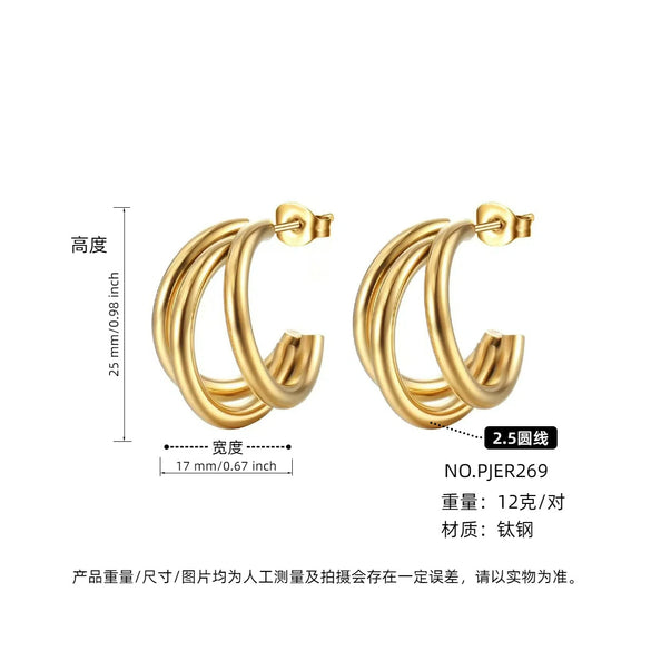 Wholesale Women's Titanium Steel Cshaped Multilayered Electroplated Elegant Fashionable Trendy Circle Earrings