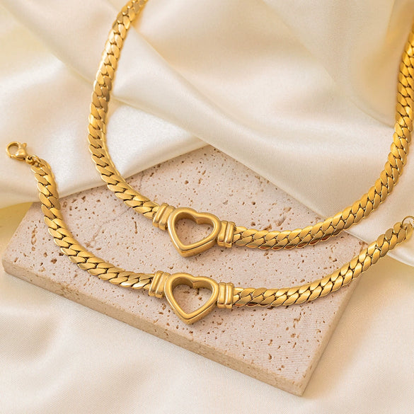 Wholesale Women's Titanium Steel Cuban Chain Heart Cut Out Jewelry Set With Love Drop Bell Pattern