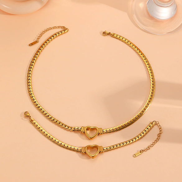Wholesale Women's Titanium Steel Cuban Chain Heart Cut Out Jewelry Set With Love Drop Bell Pattern