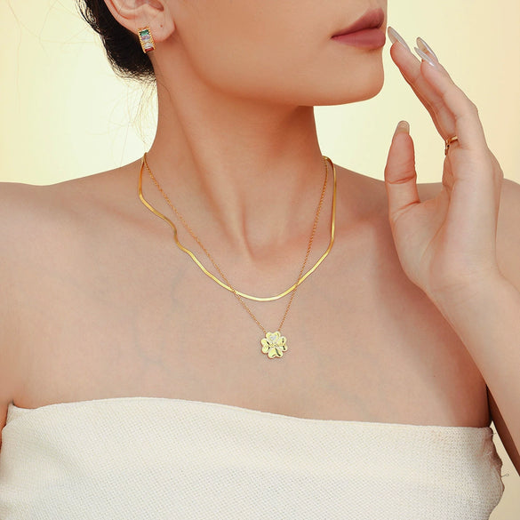 Wholesale Women's 316L Stainless Steel Double Clavicle Necklace With Zircon Fourleaf Flower Pendant Geometric Heart Letter Pattern Electroplated