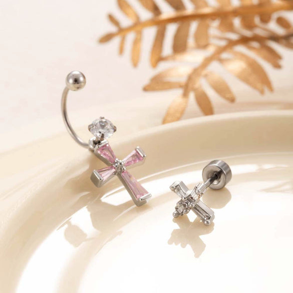 Wholesale Women's Titanium Steel Double Head Screw Ear Nail With Square Zircon And Cross Design Lovely Style