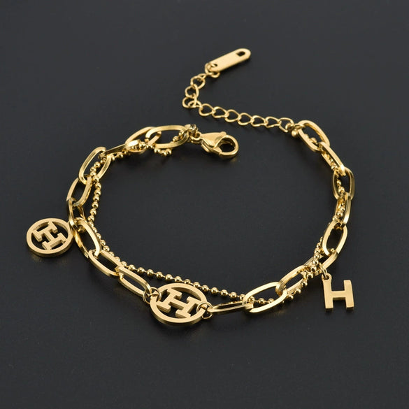 Wholesale Women's Titanium Steel Double Layer Bead Cross Thick Chain Bracelet With Letter H And 2 H Rings Geometric Pattern Electroplated
