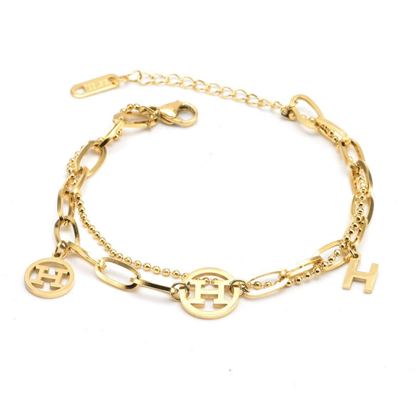 Wholesale Women's Titanium Steel Double Layer Bead Cross Thick Chain Bracelet With Letter H And 2 H Rings Geometric Pattern Electroplated