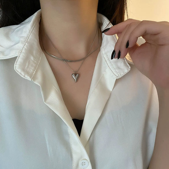 Wholesale Women's Titanium Steel Double Layer Stacked Love Snake Bone Chain Necklace Light Luxury Style With Heart And Geometric Pattern Electroplated