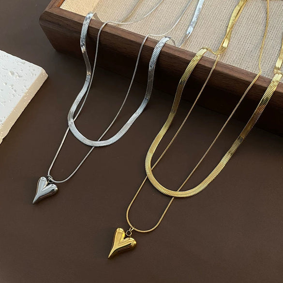 Wholesale Women's Titanium Steel Double Layer Stacked Love Snake Bone Chain Necklace Light Luxury Style With Heart And Geometric Pattern Electroplated