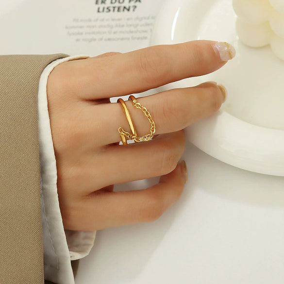 Wholesale Women's 316L Stainless Steel Double Ring With Geometric Design 18K Gold Plated Electroplated