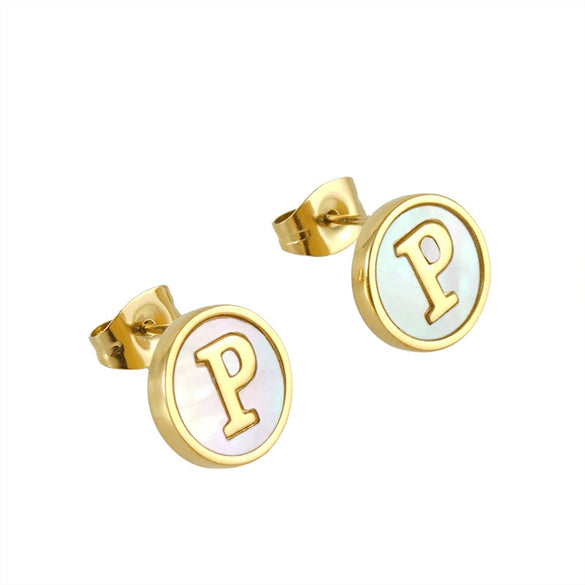 Wholesale Women's 316L Stainless Steel Earrings With Natural Shell Inlay And Letter Pattern Electroplated