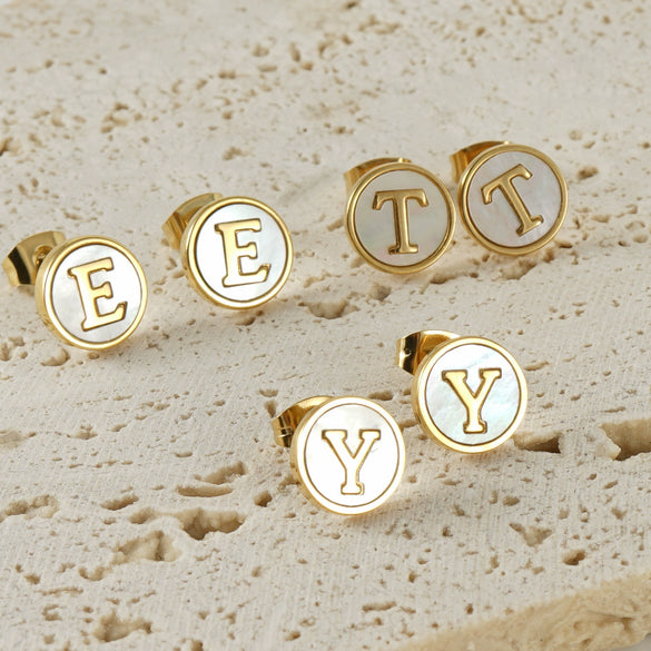 Wholesale Women's 316L Stainless Steel Earrings With Natural Shell Inlay And Letter Pattern Electroplated
