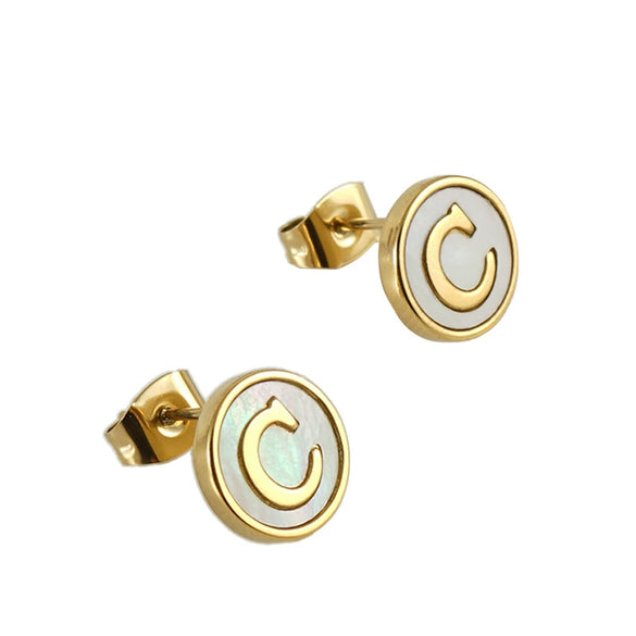 Wholesale Women's 316L Stainless Steel Earrings With Natural Shell Inlay And Letter Pattern Electroplated