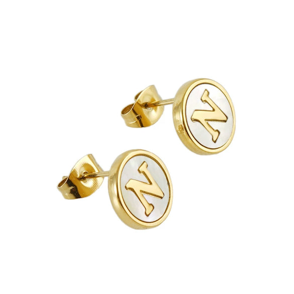 Wholesale Women's 316L Stainless Steel Earrings With Natural Shell Inlay And Letter Pattern Electroplated