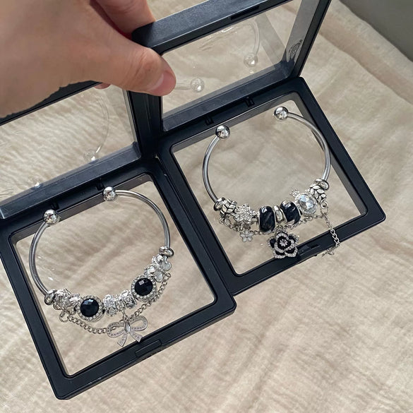Wholesale Women's Titanium Steel Electroplated Black Rose Bracelet With Black Bowknot Niche Retro Light Luxury Beaded Jewelry