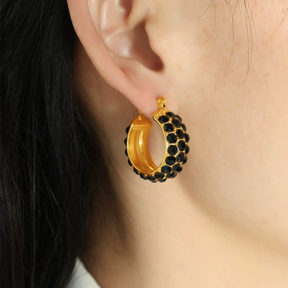 Wholesale Women's 316L Stainless Steel Electroplated Cshaped Geometric Inlaid Rhinestone Earrings
