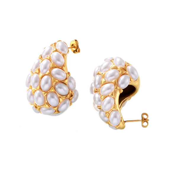 Wholesale Women's 316L Stainless Steel Electroplated 18K Gold Inlaid Imitation Pearl Water Drop Earrings With Geometric Design