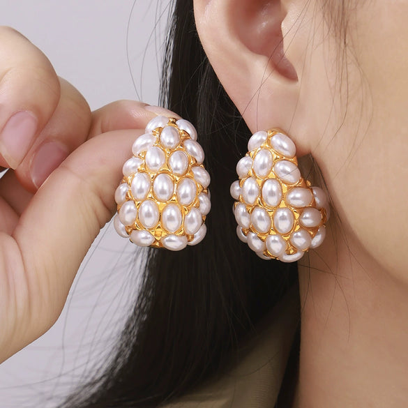Wholesale Women's 316L Stainless Steel Electroplated 18K Gold Inlaid Imitation Pearl Water Drop Earrings With Geometric Design