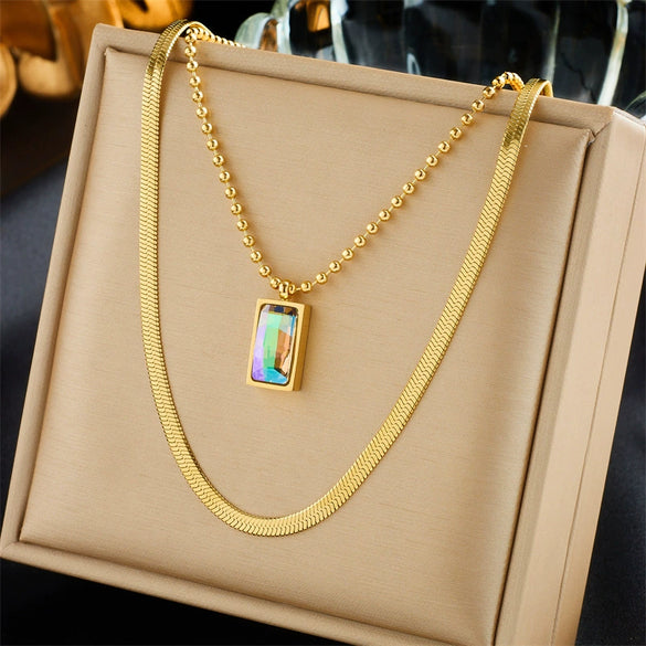 Wholesale Women's Titanium Steel Fashion Creative Simple Pearl Butterfly Colorful Rhinestone Love Pendant Tassel Multi Layer Stacked Necklace With Electroplating