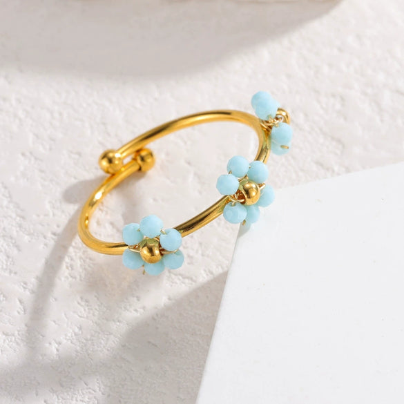Wholesale Women's Titanium Steel Flower Beaded Ring With Electroplating Design
