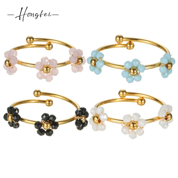 Wholesale Women's Titanium Steel Flower Beaded Ring With Electroplating Design