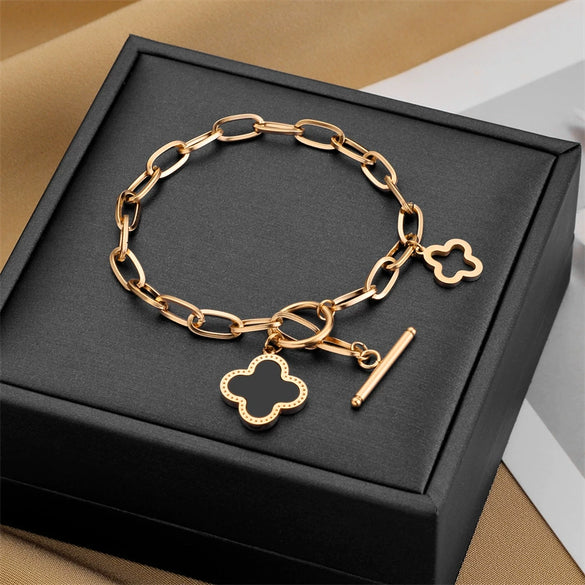 Wholesale Women's Titanium Steel Fourleaf Clover Bracelet With Geometric Design Electroplated