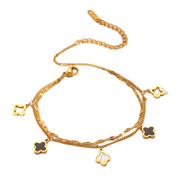 Wholesale Women's Titanium Steel Fourleaf Clover Hollow Inlaid Shell Pendant Bracelet With Geometric Styling And Electroplating Treatment