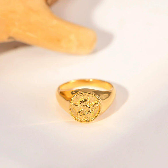 Wholesale Women's Titanium Steel French Retro Round Angel Ring With Cartoon Characters And Electroplating Treatment